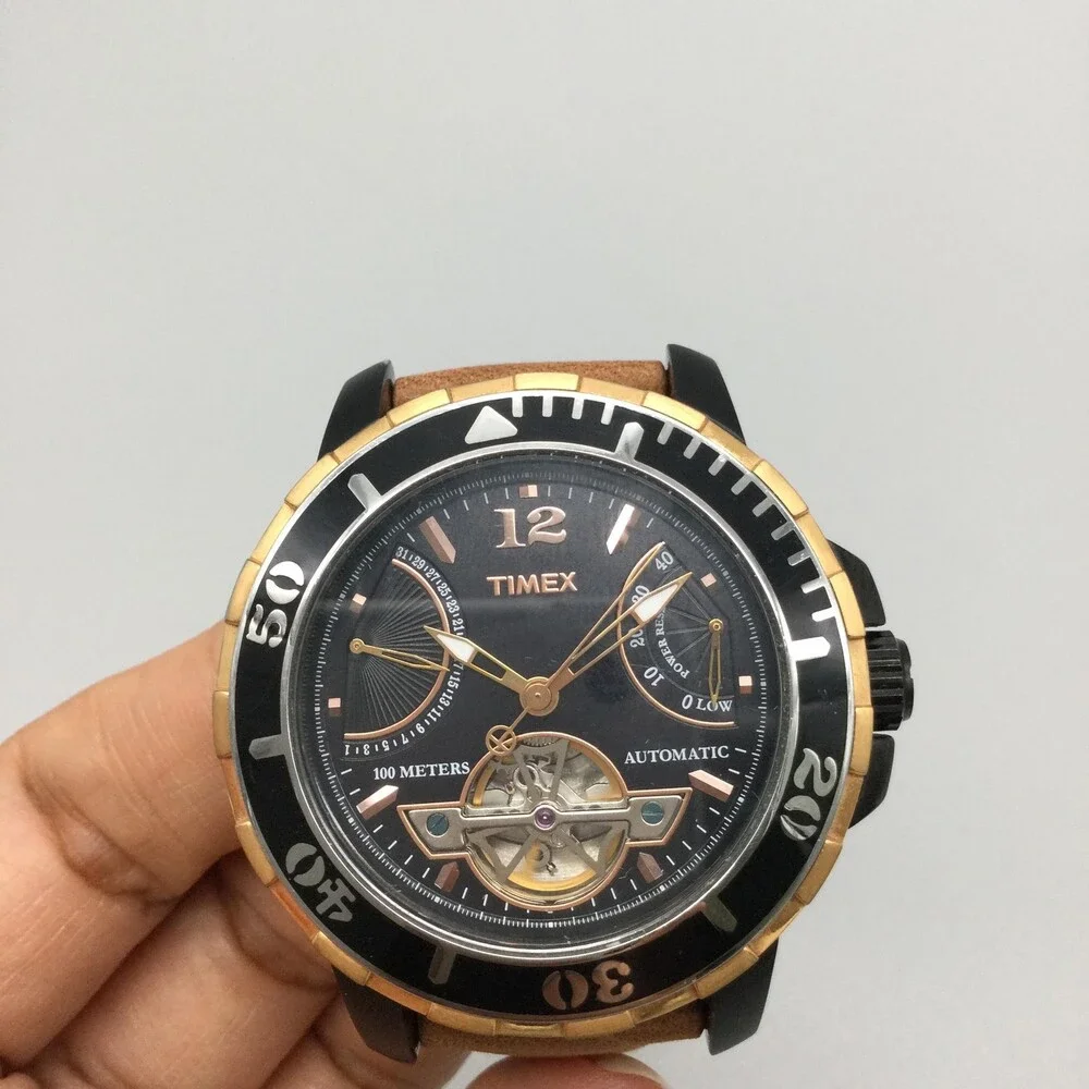 Timex Mens Watch 45mm Power Reserve Fly Leather Automatic 100m Diver Skeleton